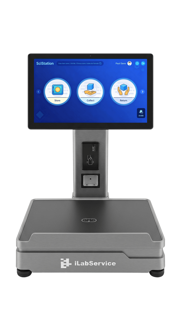 SciStation lab inventory kiosk with screen, barcode workflow, and built-in weighing platform